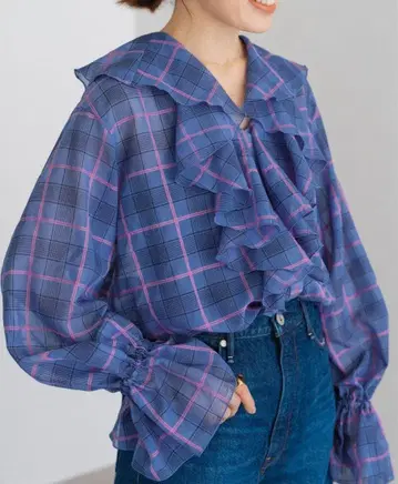 [ 새상품 미사용 ] IENA 이에나 시어 체크 프릴 셔츠 택 포함 블루