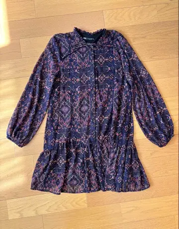 ZARA 미니 원피스 M 네이비 핑크 패턴 리본 타이 새상품급