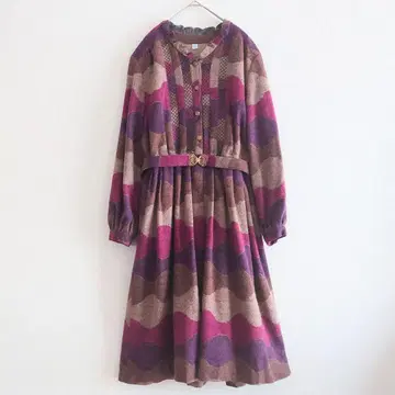 a 쇼와 레트로 니트 원피스 기하학 벨트 어스 컬러 빈티지 보라색