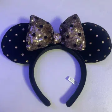 미니 마우스 머리띠 블랙과 금색 도트 벨로아 원단 디즈니 머리띠