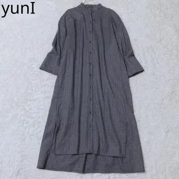 유니 셔츠 원피스 롱 기장 밴드 카라 슬릿 체크 무늬 배색 긴팔