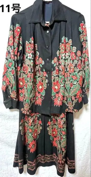 일본제 쇼와 레트로 빈티지 셋업 꽃무늬 스커트 11호 블랙 베이스