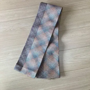 반폭 오비 옅은 파랑 오렌지 체크 무늬 금색 오로라 무늬 리버서블