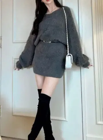 샤기 니트 V넥 미니 원피스 [ kz461 ]