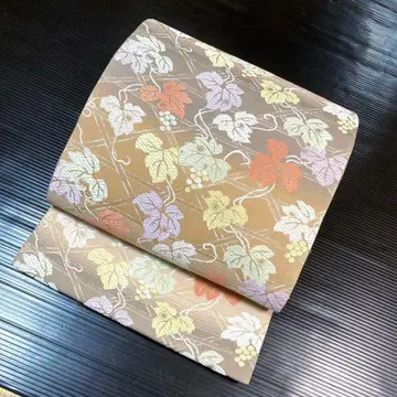 순수 실크 니시진 비단 육통 후쿠로 오비 [당직 잎 포도 가로 줄무늬]