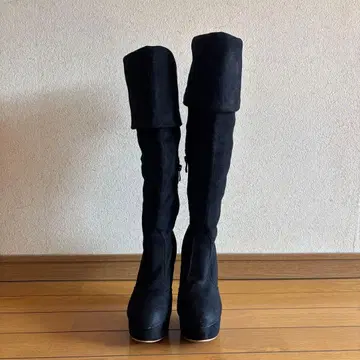 블랙 스웨이드 니하이 부츠