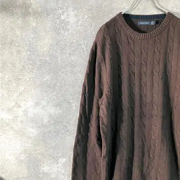 NAUTICA 니트 스웨터 긴팔 브라운 크루넥 로우게이지 로고