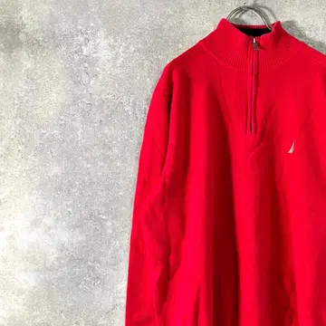 NAUTICA 니트 스웨터 긴팔 레드 하프 지퍼 하이넥 로고