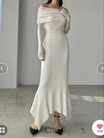 시어 오프숄더 니트탑 x 밑단 언밸런스 리브 니트 머메이드 스커트