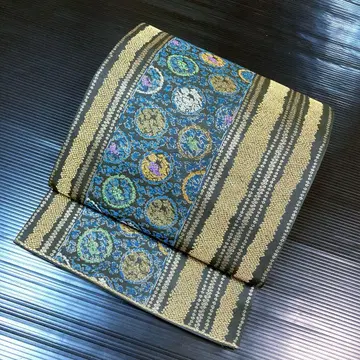 순수 실크 육통 후쿠로 오비 [ 추상 무늬 세로 라인 사슴 무늬 ]