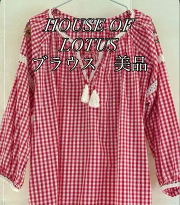 하우스 오브 로터스 블라우스 깅엄 체크 꽃 자수 새상품급