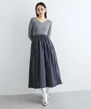 완판 그레이 V넥 롱 원피스