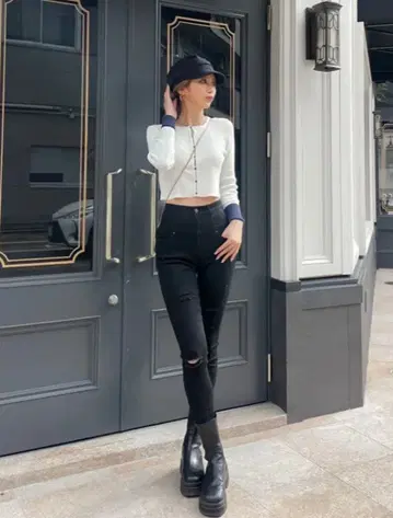 DIANTE 블랙 스키니 팬츠 데미지 가공