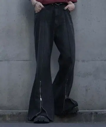 cussil 하이웨스트 풀렝스 센터 크리즈 ZIP 플레어 데님 팬츠