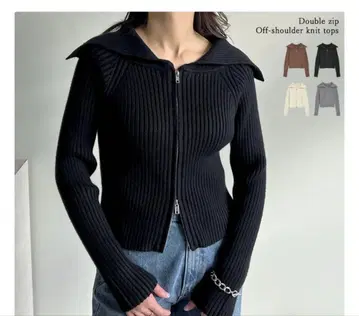 Re:EDIT 리디 풀 집업 오프숄더 니트탑 긴팔 리브 니트