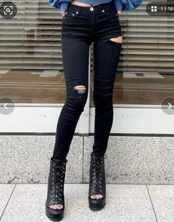 GYDA 미들 웨스트 사이드 립드 컬러 스키니 팬츠 데님 블랙