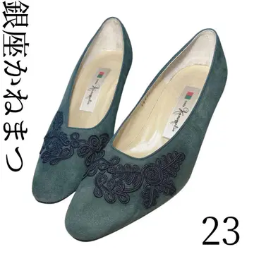 긴자 카네마츠 하이힐 스웨이드 그린 자수