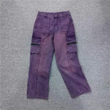 퍼플 카고 팬츠 지퍼 포켓 부착