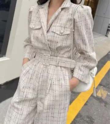 체크 무늬 롱 팬츠 원피스