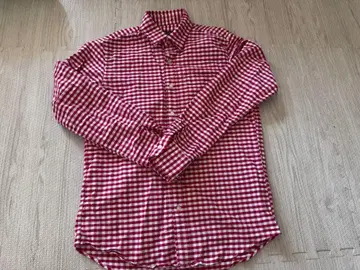 남성용 S 사이즈 나노 유니버스 긴팔 셔츠 레드 화이트 체크 패턴