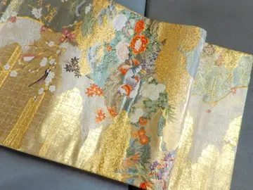 순수 실크 금박 후쿠로 오비 원앙 문양 럭셔리 매실에 꾀꼬리