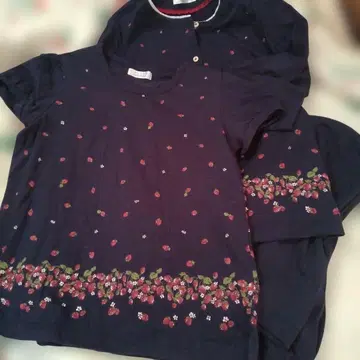 *narue*딸기 무늬 반팔 긴팔 상하의 3세트 ( 네이비 )