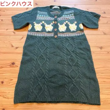 [ 핑크하우스 ] 니트 튜닉 반팔 네이비 블루 계열 꽃 플라워