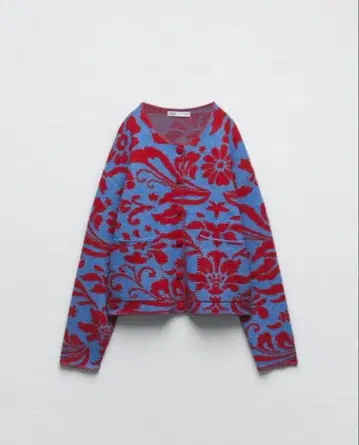 ZARA 자카드 니트 가디건 플라워 패턴 파랑 x 레드 울 꽃무늬
