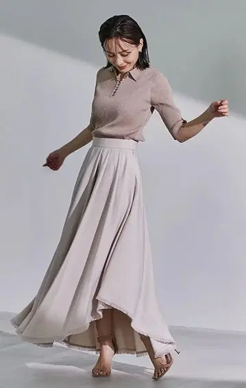 아지메 헤무 프린지 스커트 아뉴앙스 핑크 베이지 롱 스커트