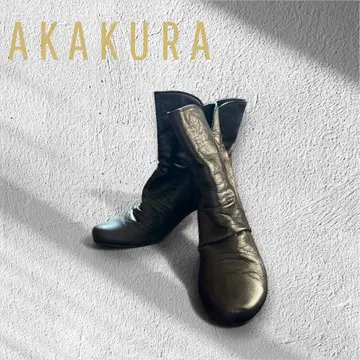 Akakura 블랙 가죽 부티 부츠 중간 힐 24.0