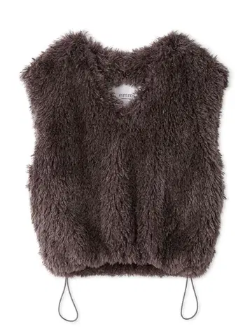 emmi 퍼 소재 V넥 베스트 다크 브라운