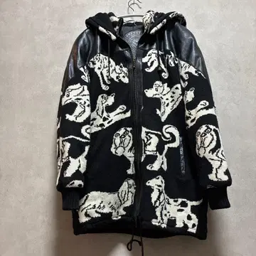 [레어] 빈티지 올 패턴 후드 자켓 가죽 절개 개 모티브 개성파
