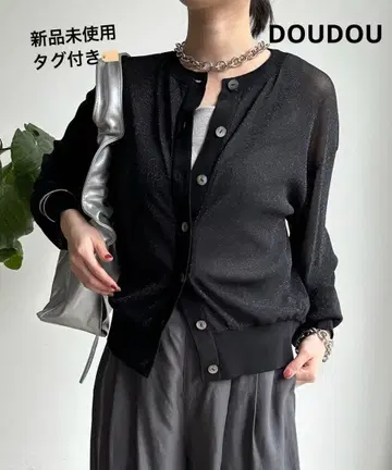 미사용 새상품 DOUDOU 시어 라메 니트 가디건 블랙