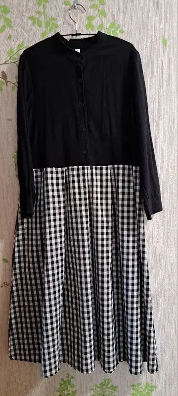 롱 원피스 블랙 화이트 체크 깅엄