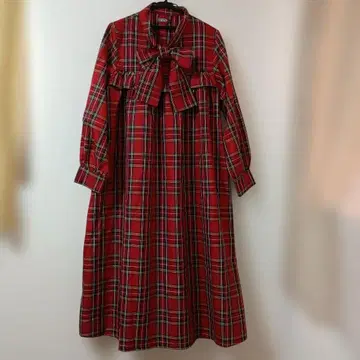 쿠티르 보타이 프릴 체크 원피스 빨간 체크 L