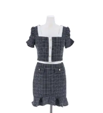 네이비 계열 체크 크롭 탑 & 스커트 세트