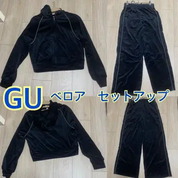 GU 벨로아 풀 집업 후드티 벨로아 사이드 라인 팬츠 블랙 셋업