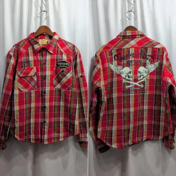 고품질 VANSON 반손 스컬 프린트 체크 플란넬 셔츠 L 긴팔