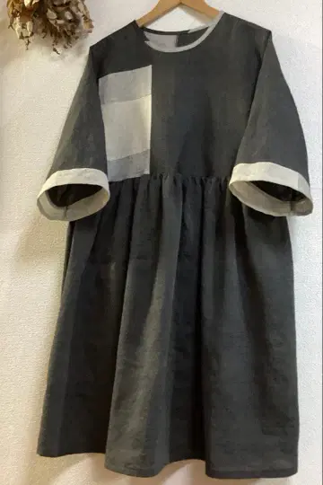 여유로운 개더 원피스 / 패치워크풍 / 하프 린넨 / 핸드메이드