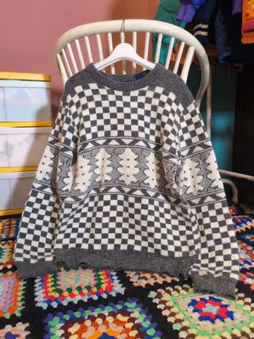 구제 의류 체크 무늬 깃발 니트 노르딕