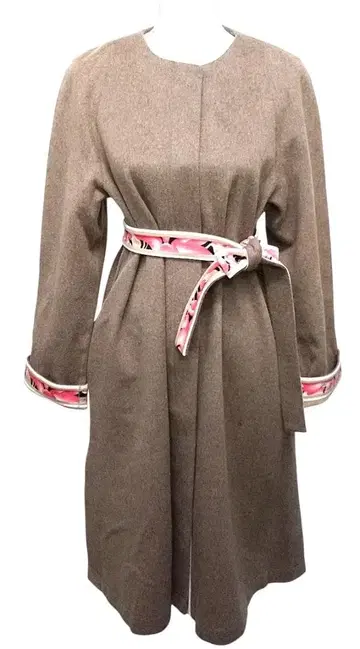 LEONARD 레오나르 플라워 무늬 트리밍 허리 벨트 롱 코트