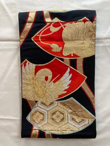 후쿠로 오비 블랙 베이스 x 금실 학과 보물 문양 순수 실크 포멀