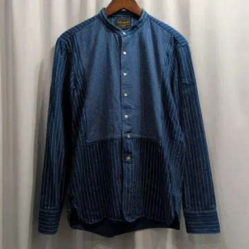 글래드핸드 인디고 워바쉬 스트라이프 노카라 워크 셔츠