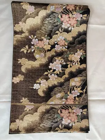 후쿠로 오비 블랙 베이스 벚꽃 문양 금실 포멀 순수 실크 새상품급