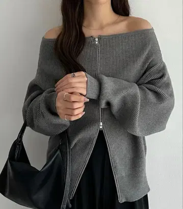 callautia W 지퍼 오프숄더 니트 M 사이즈 차콜 택 포함