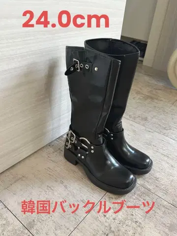 버클 장식 블랙 롱 부츠