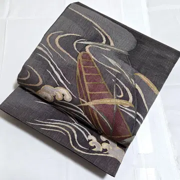 B 기모노 편안함 배 문양 금실 그레이 북 순수 실크 포멀한 후쿠로 오비