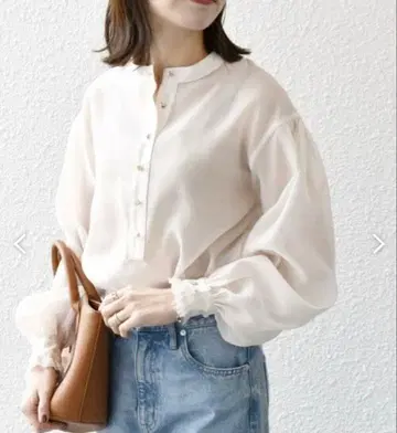 SHIPS any 시어 오간자 스탠드 카라 블라우스 미사용 새상품