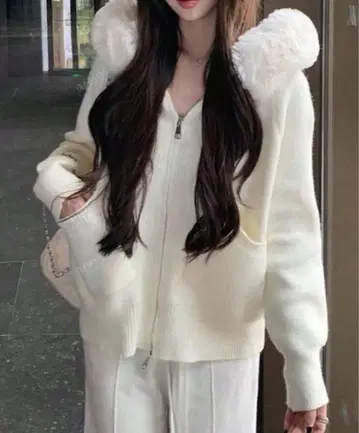 SHEIN 퍼 트리밍 집업 후드티 애프리콧 화이트 S