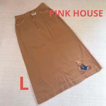 핑크하우스 컬러 데님 롱 스커트 곰 자수 페이즐리 와펜